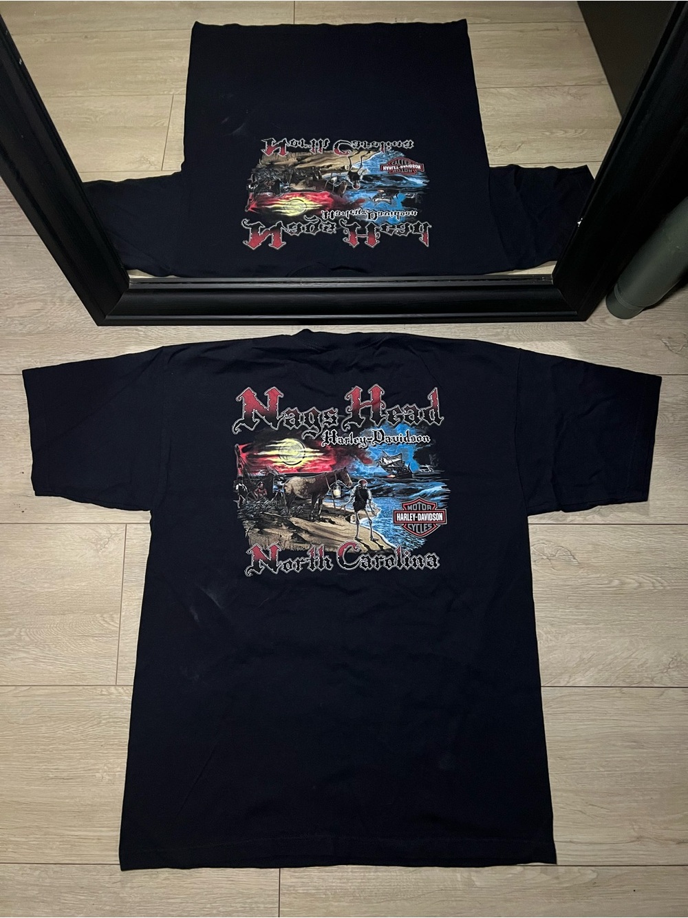 New Y2K 2005 Harley Davidson Nags Head North Carolina Pirate Ship Tribal Shirt